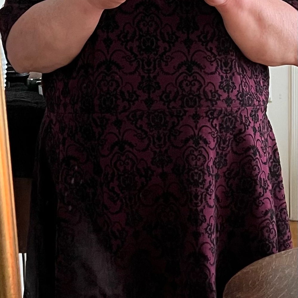 Burgundy Knee Length Dress with Black Scroll Designs